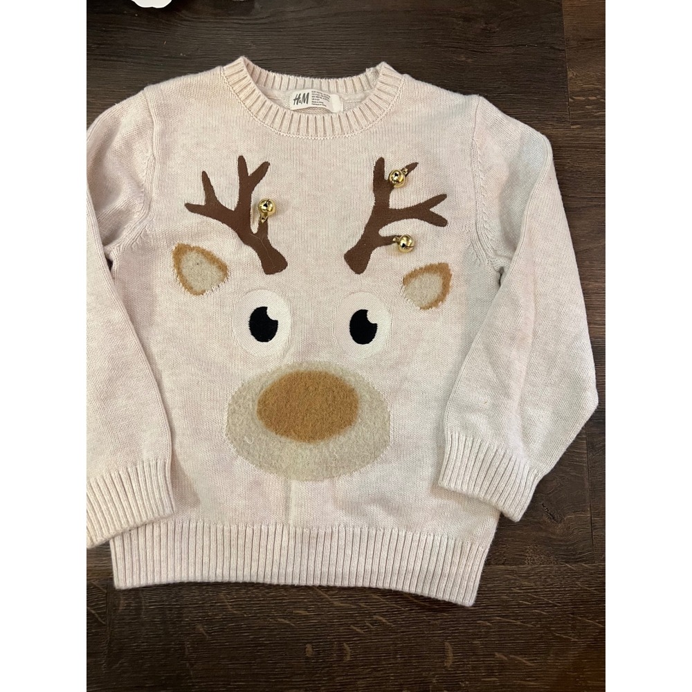 Kids H&M Reindeer Christmas Sweater Long Sleeve Crew Neck Light Beige Size 4-66Y
